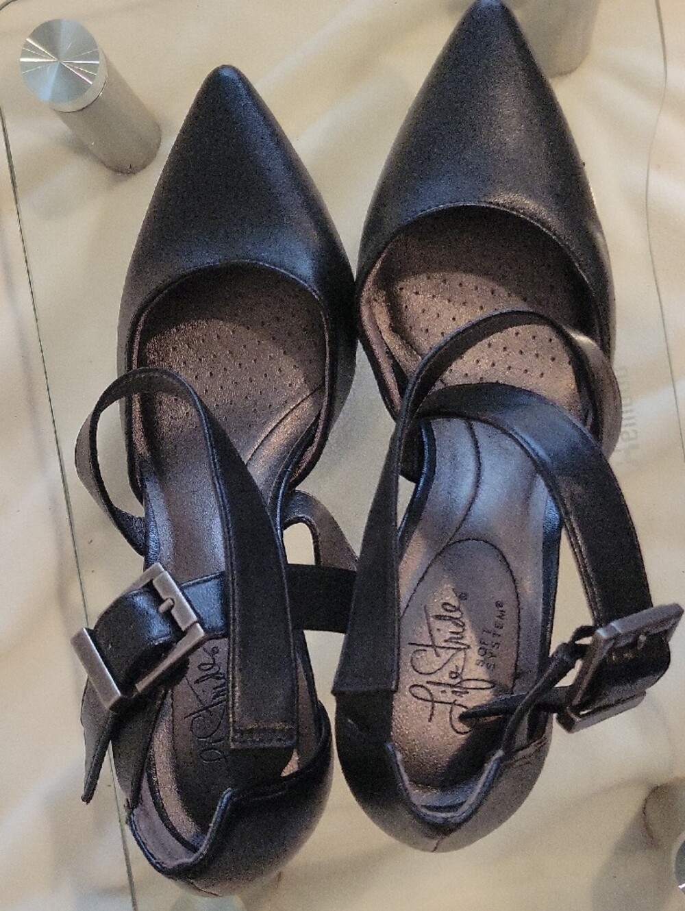 LIFE STRIDE SOFT SYSYEM sz 8.5 M Black Strappy Pointed-Toe Heels - Picture 6 of 11